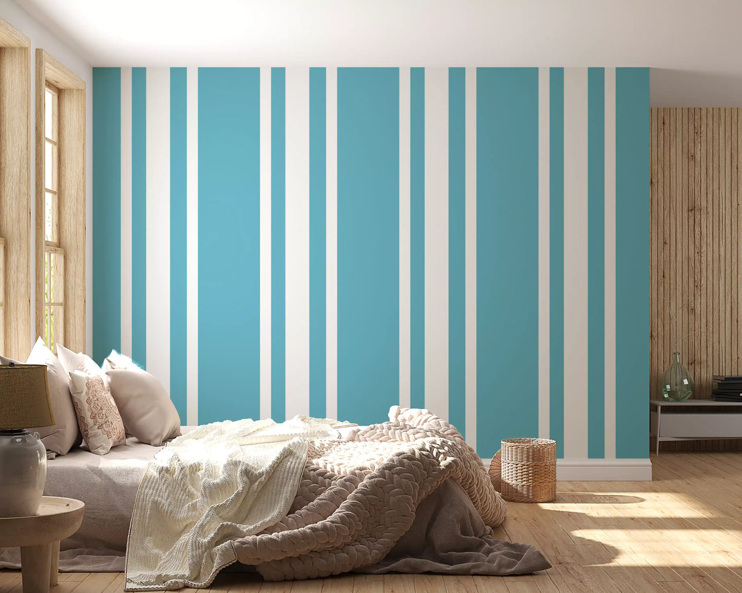 Mid century stripe wallpaper creates a serene look in a bedroom.