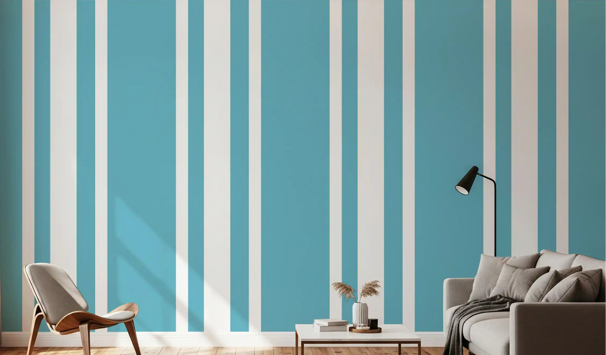 Retro blue wallpaper accentuates the walls of a light-filled living room., GD9966