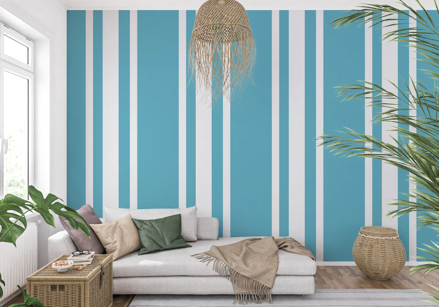 A bright living room features this retro blue stripe wallpaper.