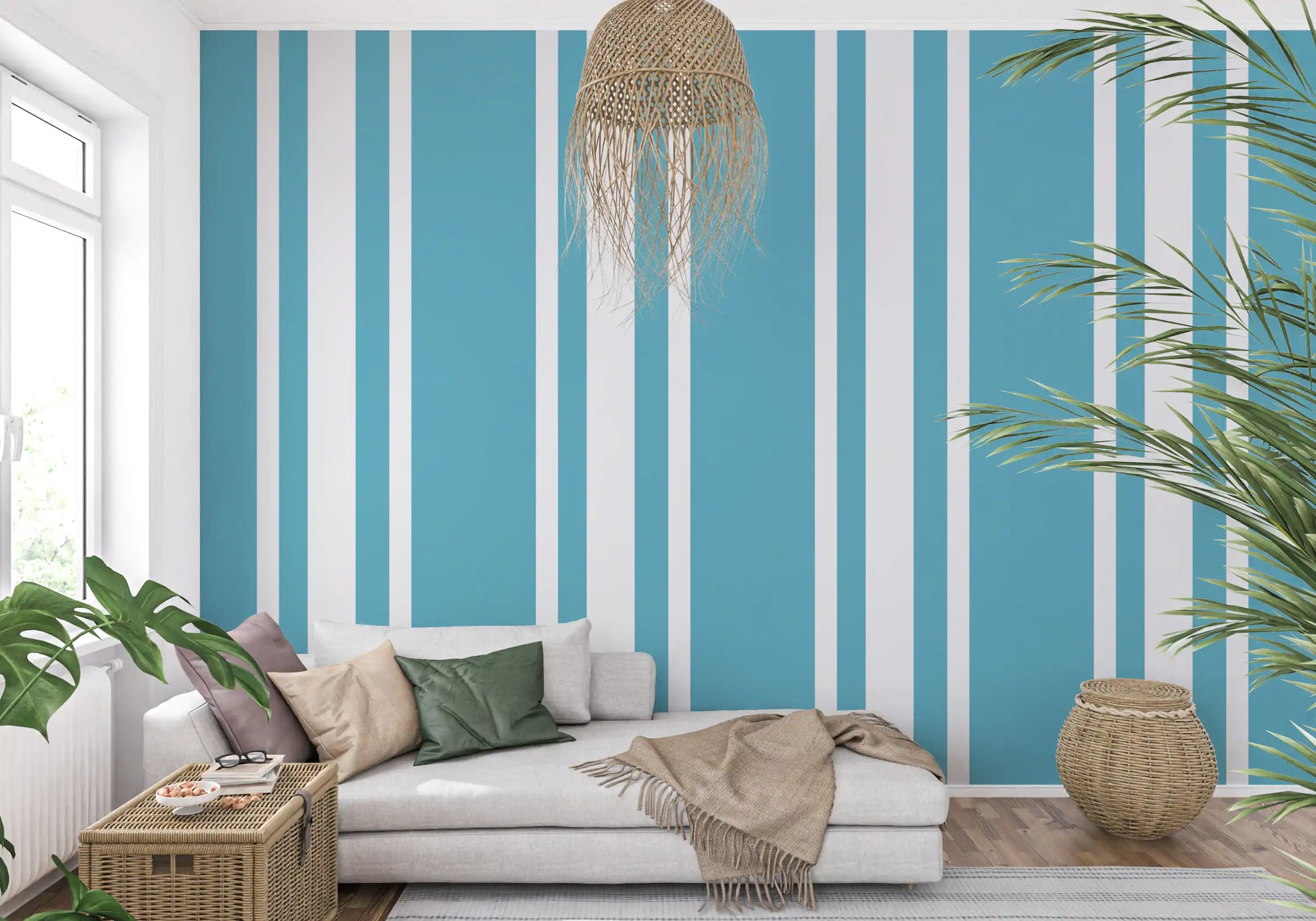 A bright living room features this retro blue stripe wallpaper.