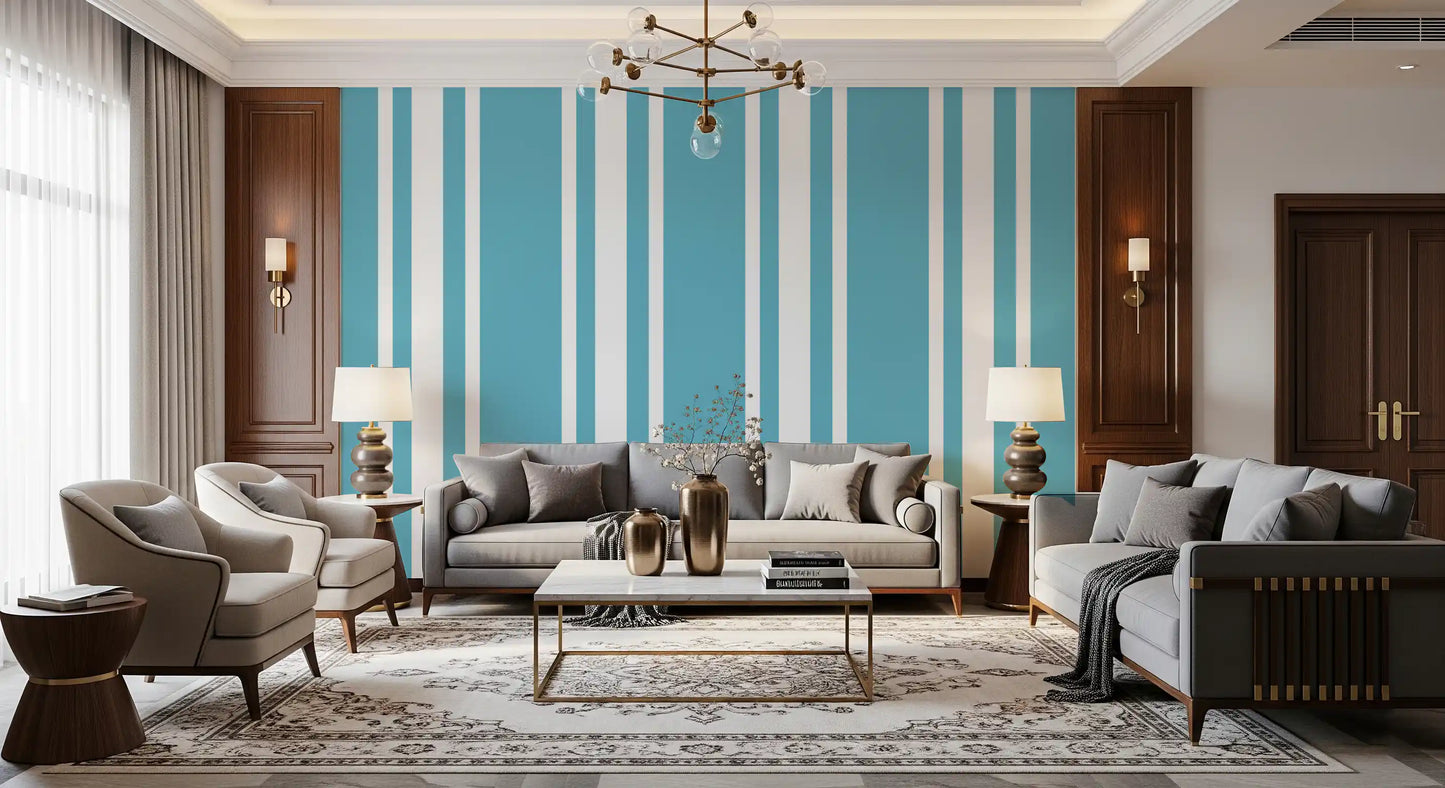 Modern living room styling with blue and white ticking stripe wallpaper.