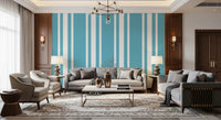 Modern living room styling with blue and white ticking stripe wallpaper.