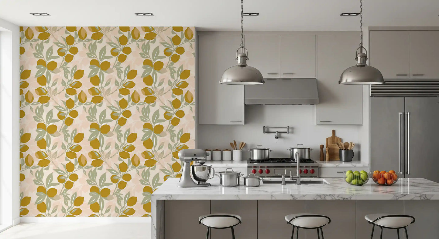 Trailing vines on the Amalfi wall mural bring a fresh feel to a bright kitchen., GD9967