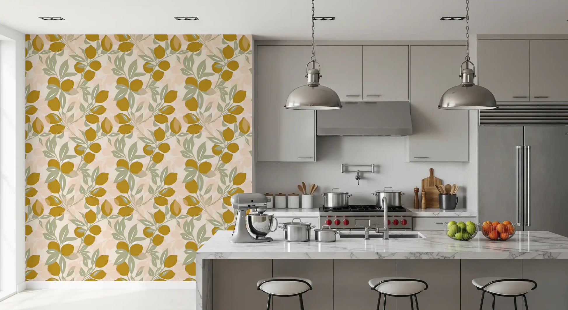 Trailing vines on the Amalfi wall mural bring a fresh feel to a bright kitchen., GD9967