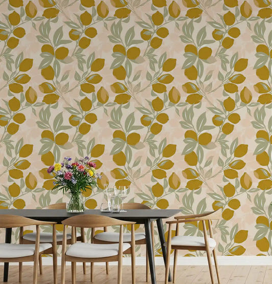 Sun-drenched Lemon wallpaper creating a warm atmosphere for dining room.