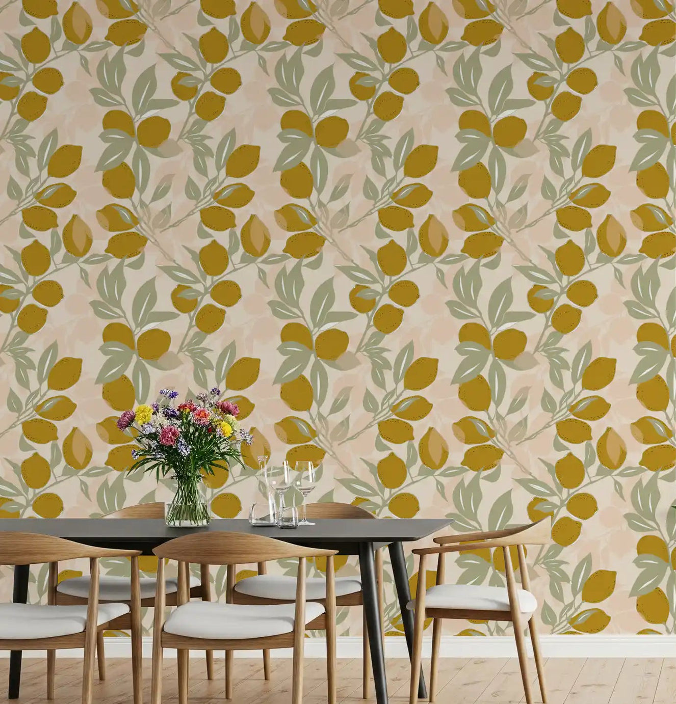 Sun-drenched Lemon wallpaper creating a warm atmosphere for dining room.