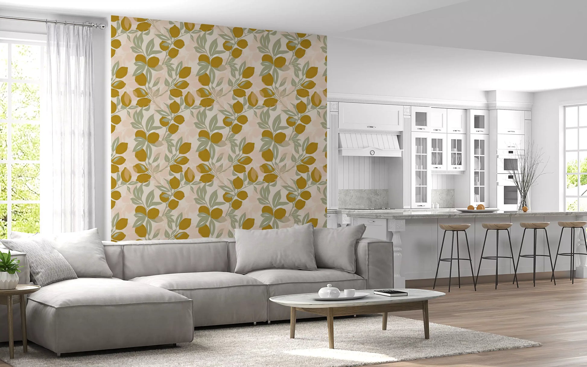 Repeating vine patterns create a seamless flow throughout the Amalfi wallpaper., GD9967