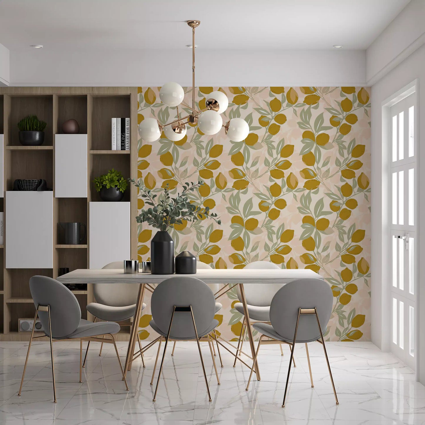 Dining room walls covered in the rich Lemon Mediterranean wallpaper., GD9967