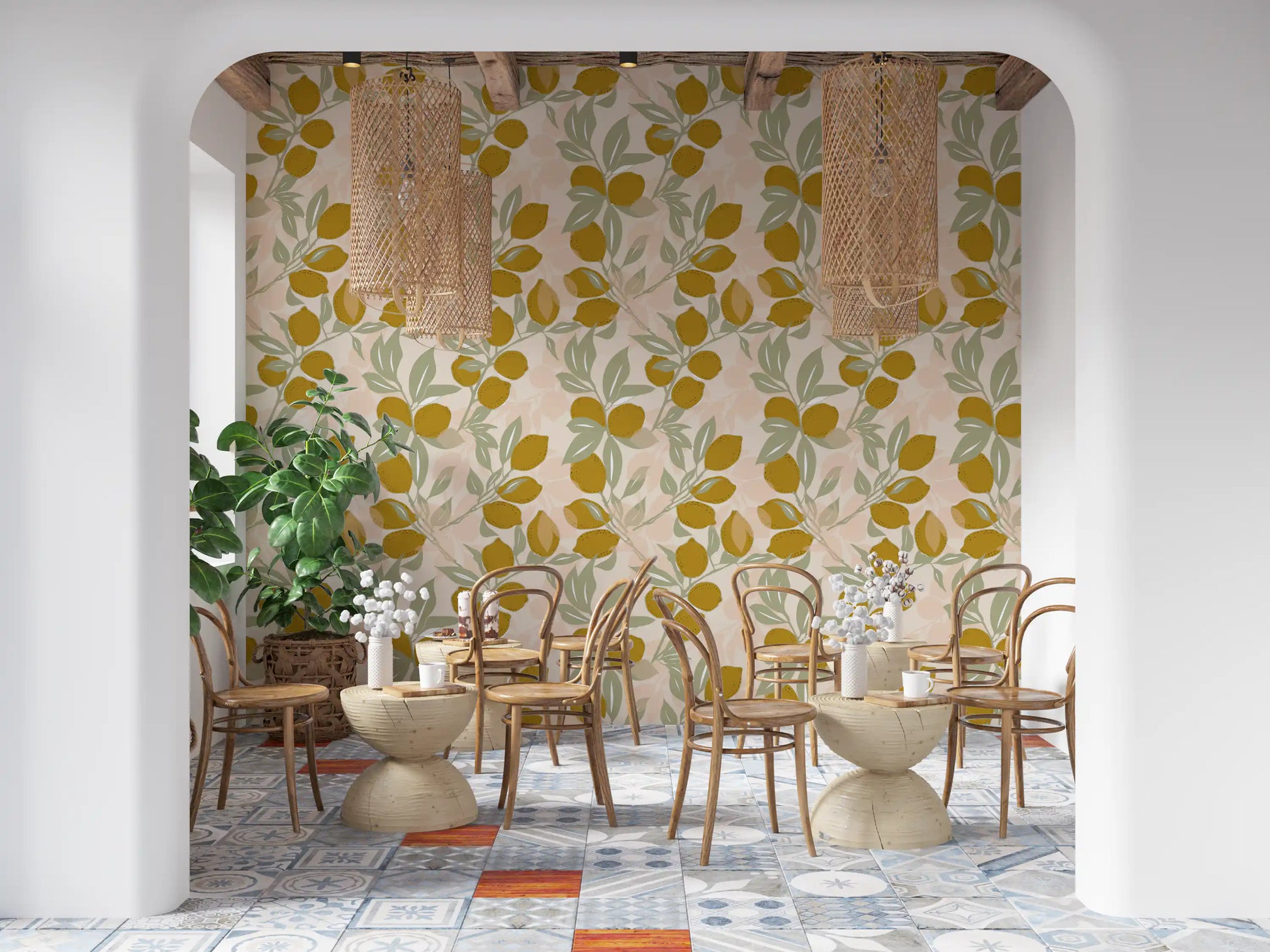 Hand-drawn sketchy outlines detail each fruit within the Mediterranean wallpaper., GD9967