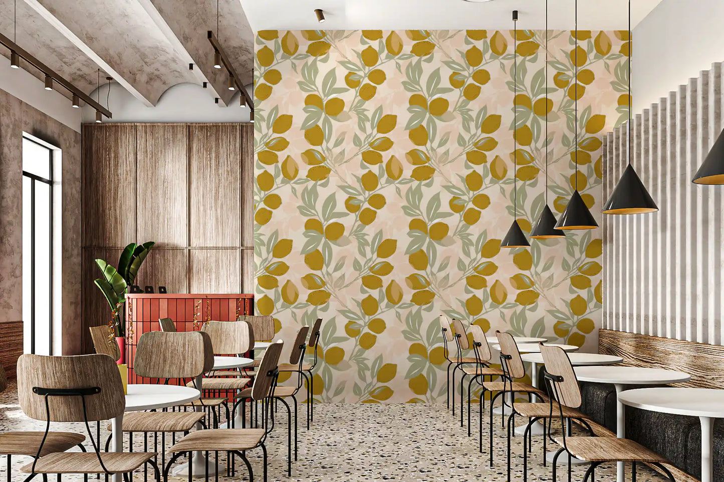 Soft peach and green tones of this Amalfi Lemon wallpaper for cafe area., GD9967