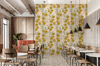 Soft peach and green tones of this Amalfi Lemon wallpaper for cafe area., GD9967