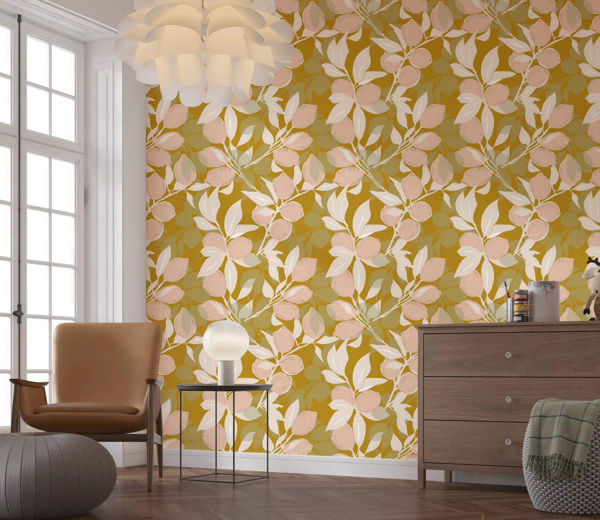 A cozy seating space featuring the vibrant Mediterranean Lemon wallpaper, GD9968