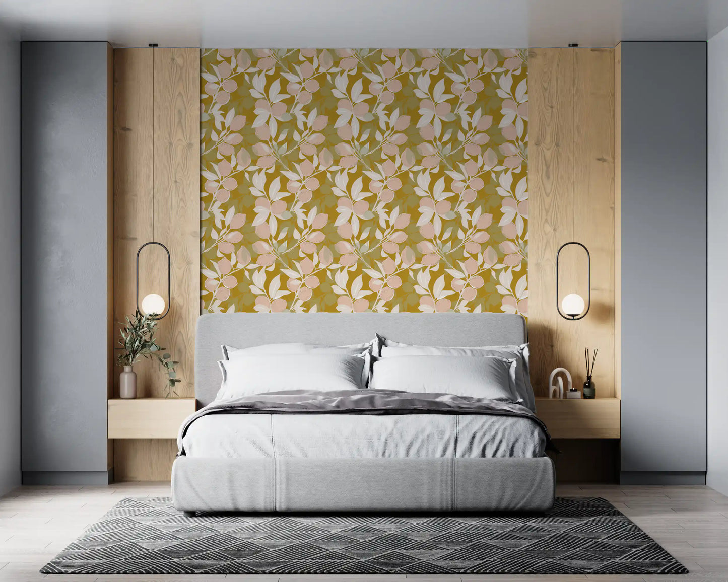 Soft pink citrus details on Mustard Lemon wallpaper for modern bedroom., GD9968