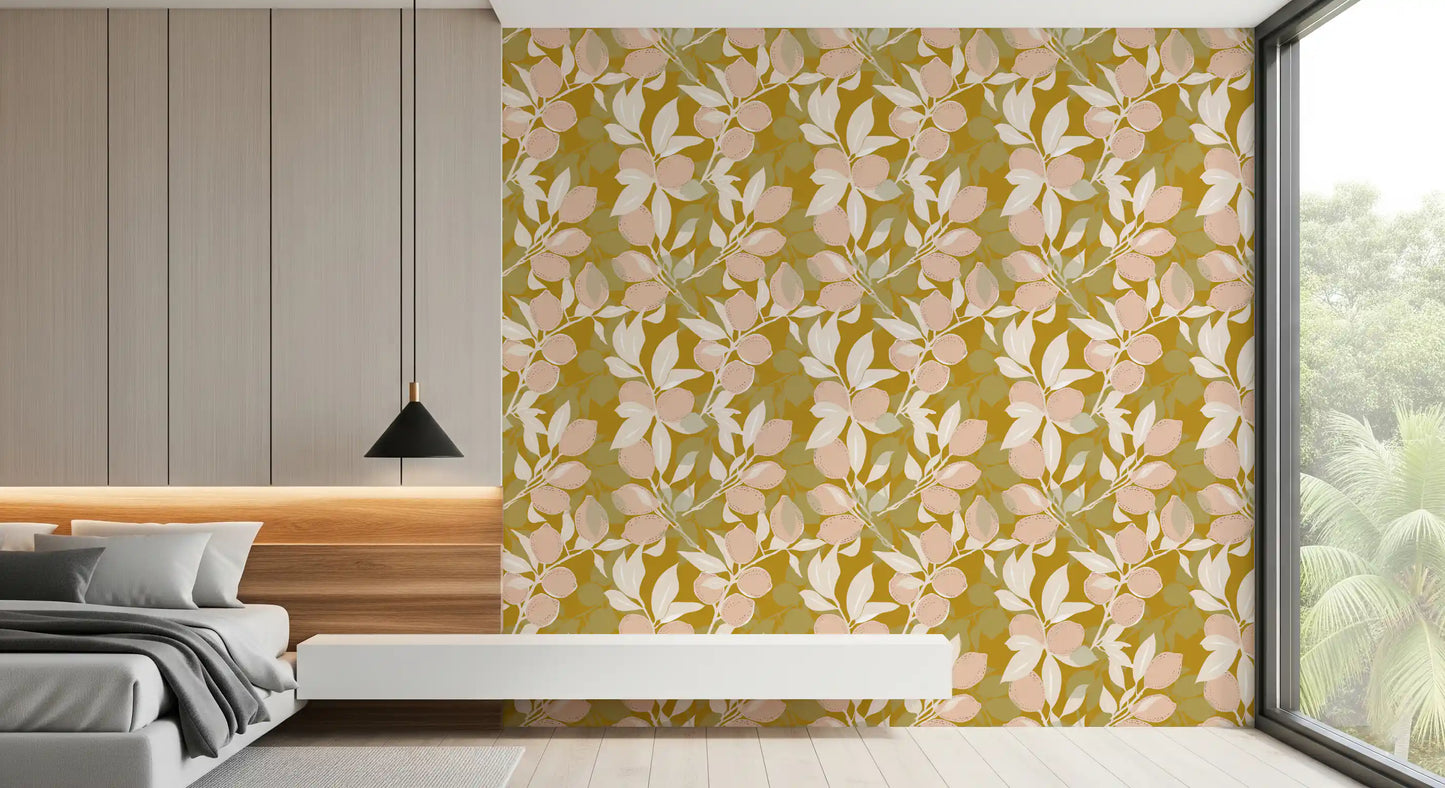 The sunny Mustard Lemon wallpaper adds a cheerful touch to modern living room., GD9968