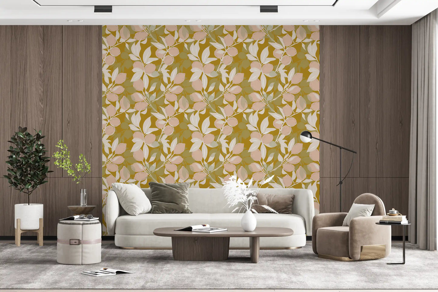 Hand-drawn style lines add depth to this botanical Mustard Lemon wallpaper, GD9968