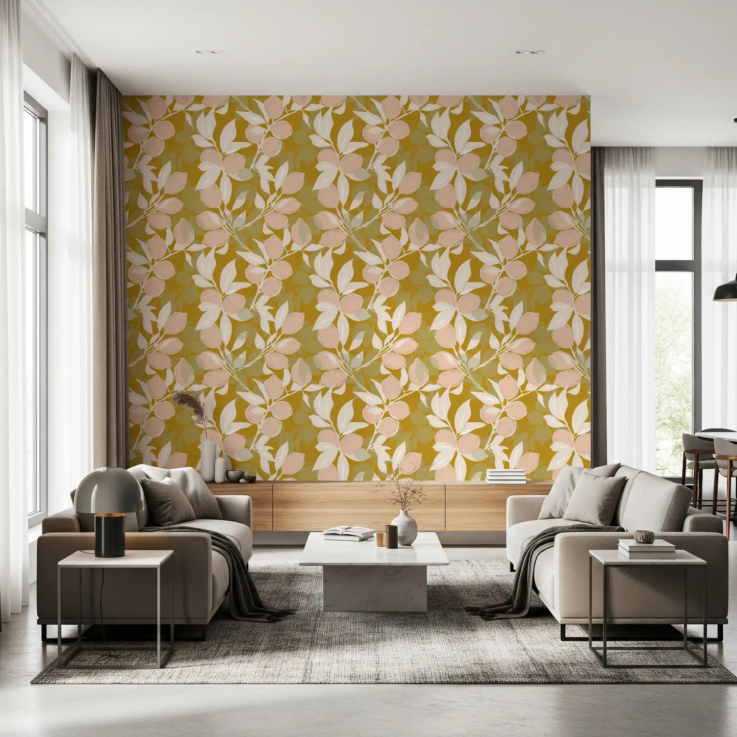 Pastel citrus illustrations scattered across the Mustard Lemon wallpaper., GD9968