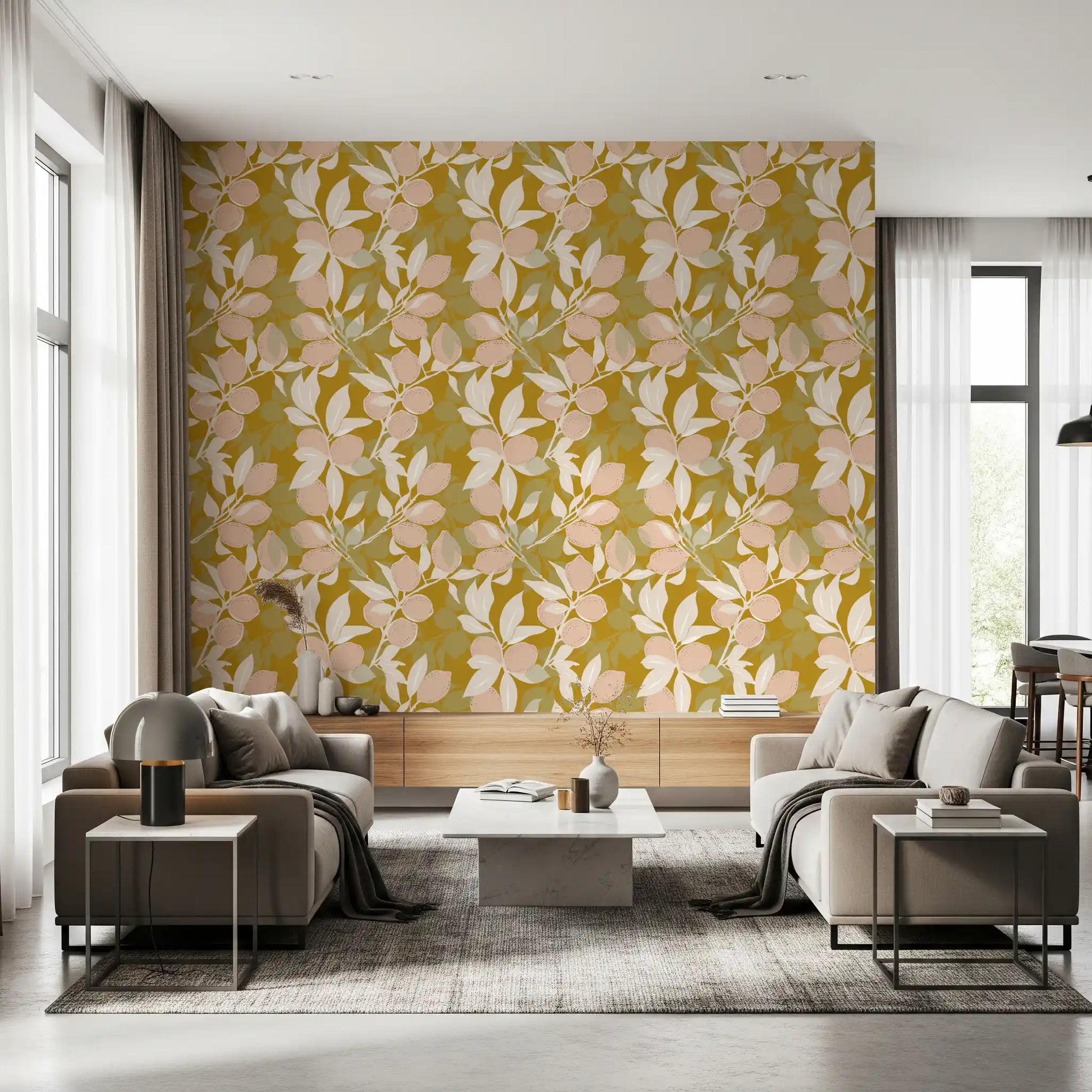 Pastel citrus illustrations scattered across the Mustard Lemon wallpaper., GD9968