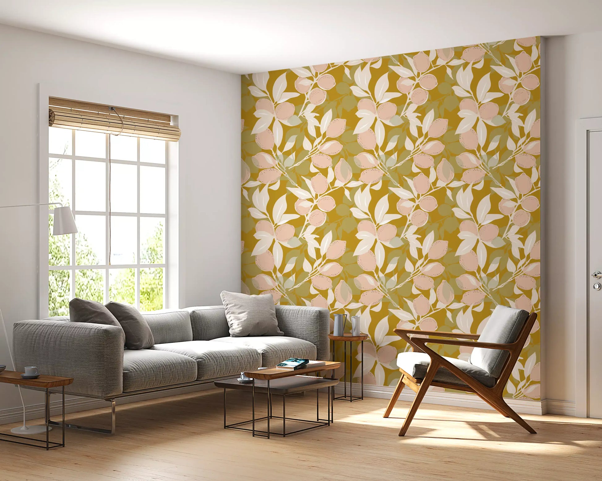 Botanical elements in Mediterranean Lemon wallpaper for sunlit living room., GD9968