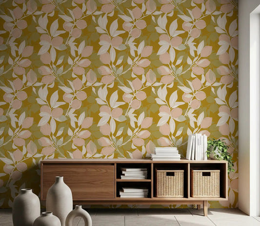 Hallway wall beautifully covered in the colorful Mustard Lemon wallpaper.