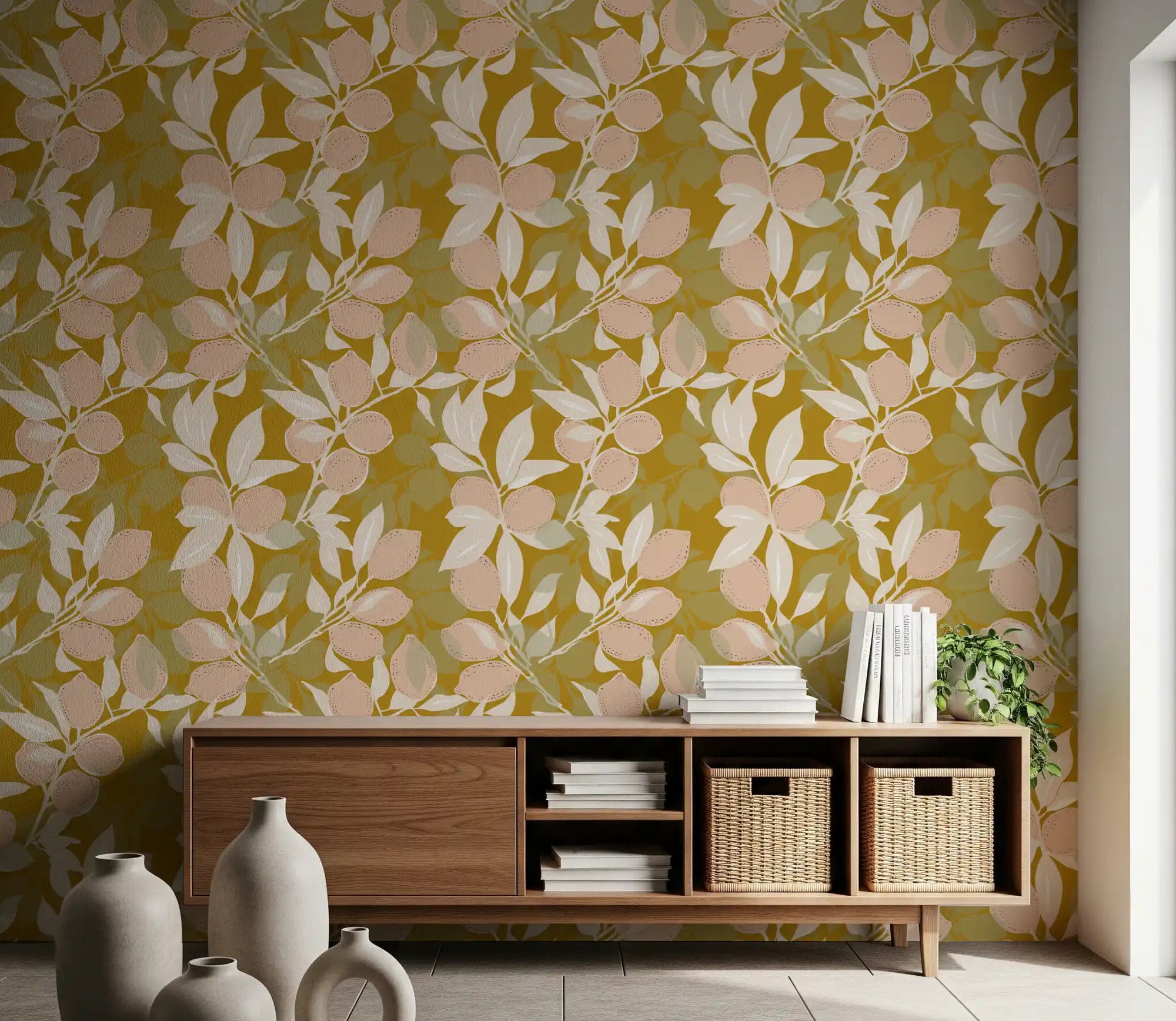 Hallway wall beautifully covered in the colorful Mustard Lemon wallpaper., GD9968