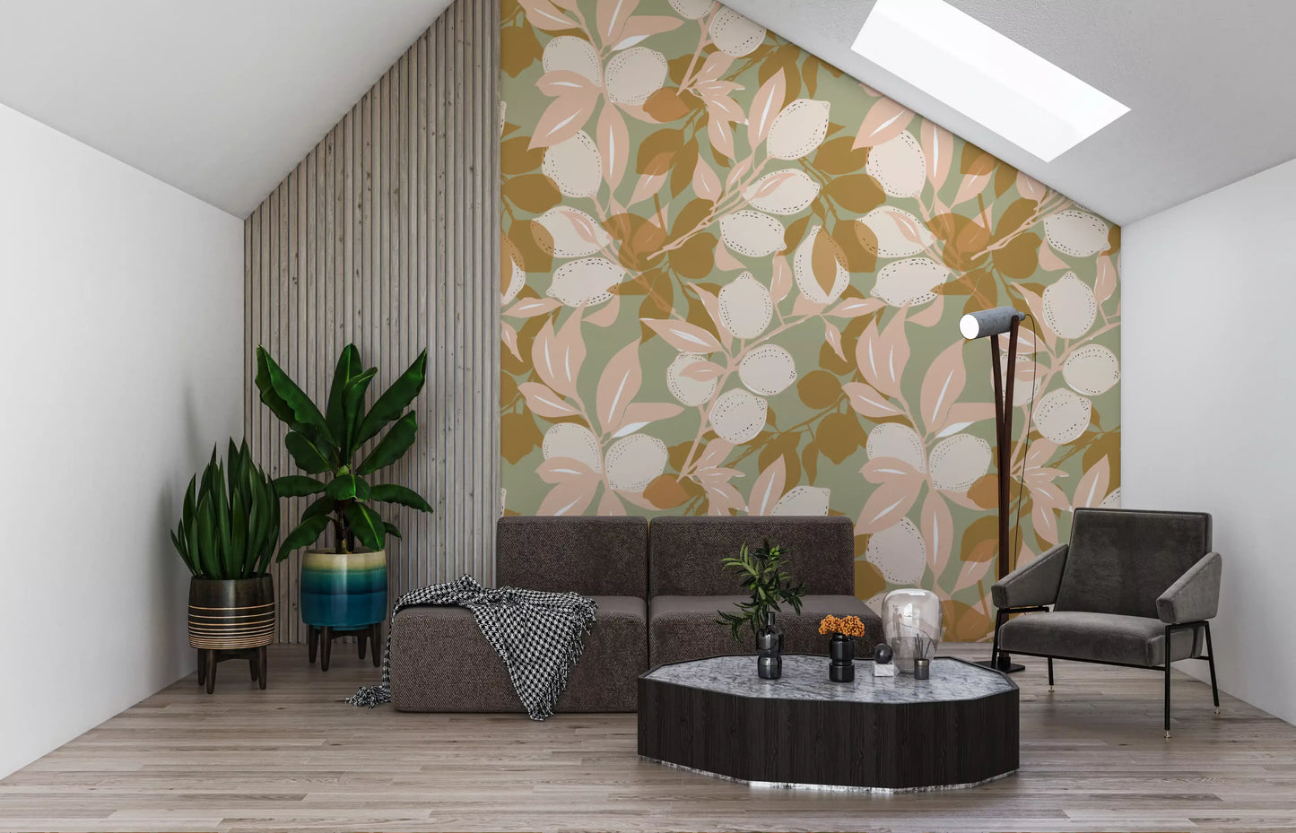 A Mediterranean wallpaper creates a relaxing vibe in a minimalist studio., GD9969