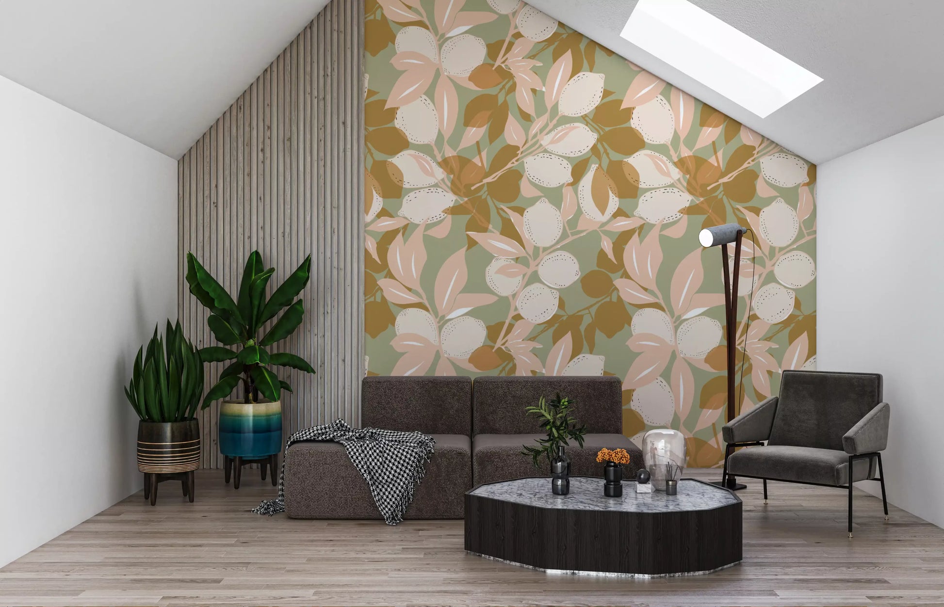 A Mediterranean wallpaper creates a relaxing vibe in a minimalist studio., GD9969