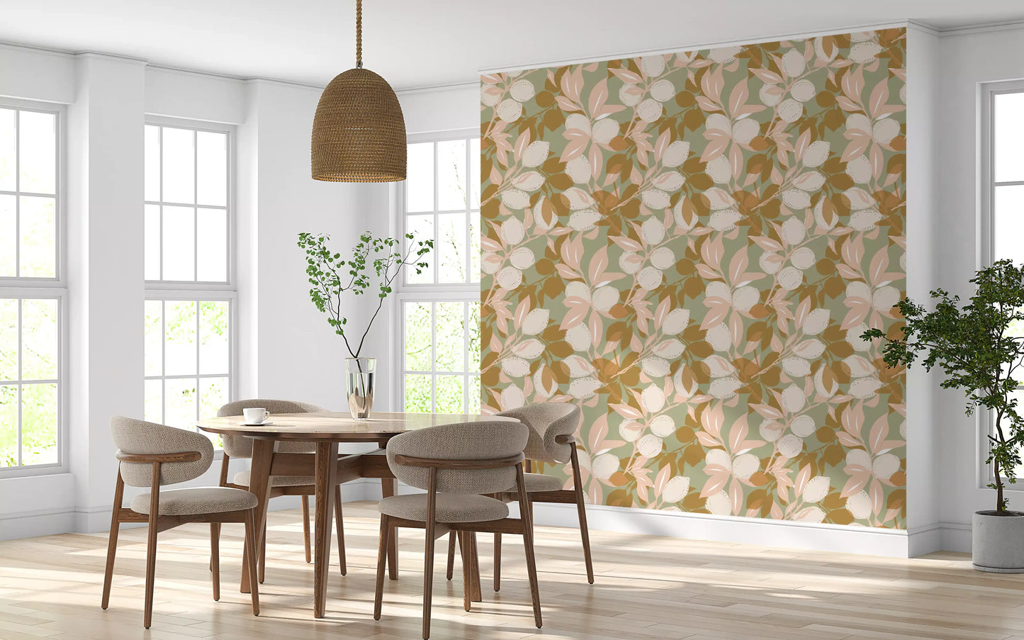 Soft sage backdrop of a Mediterranean kitchen wallpaper., GD9969