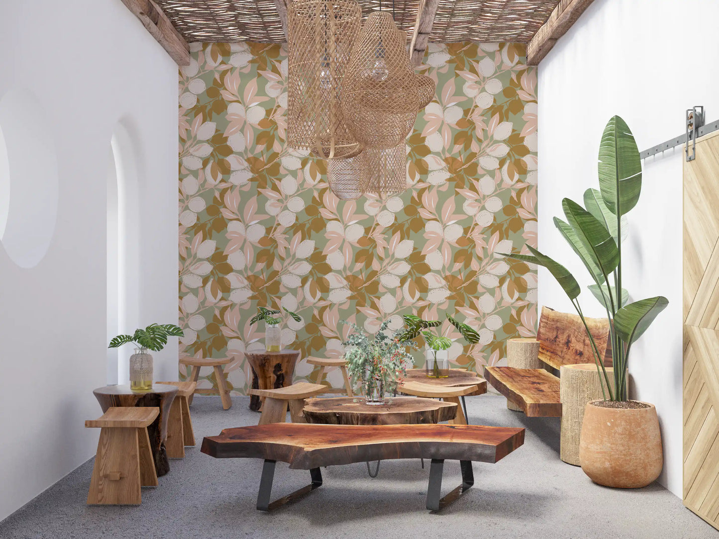 Repeating lemon pattern on a Sage Mediterranean wallpaper., GD9969
