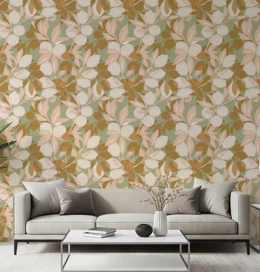 Living room walls look botanical with this lemon wallpaper.