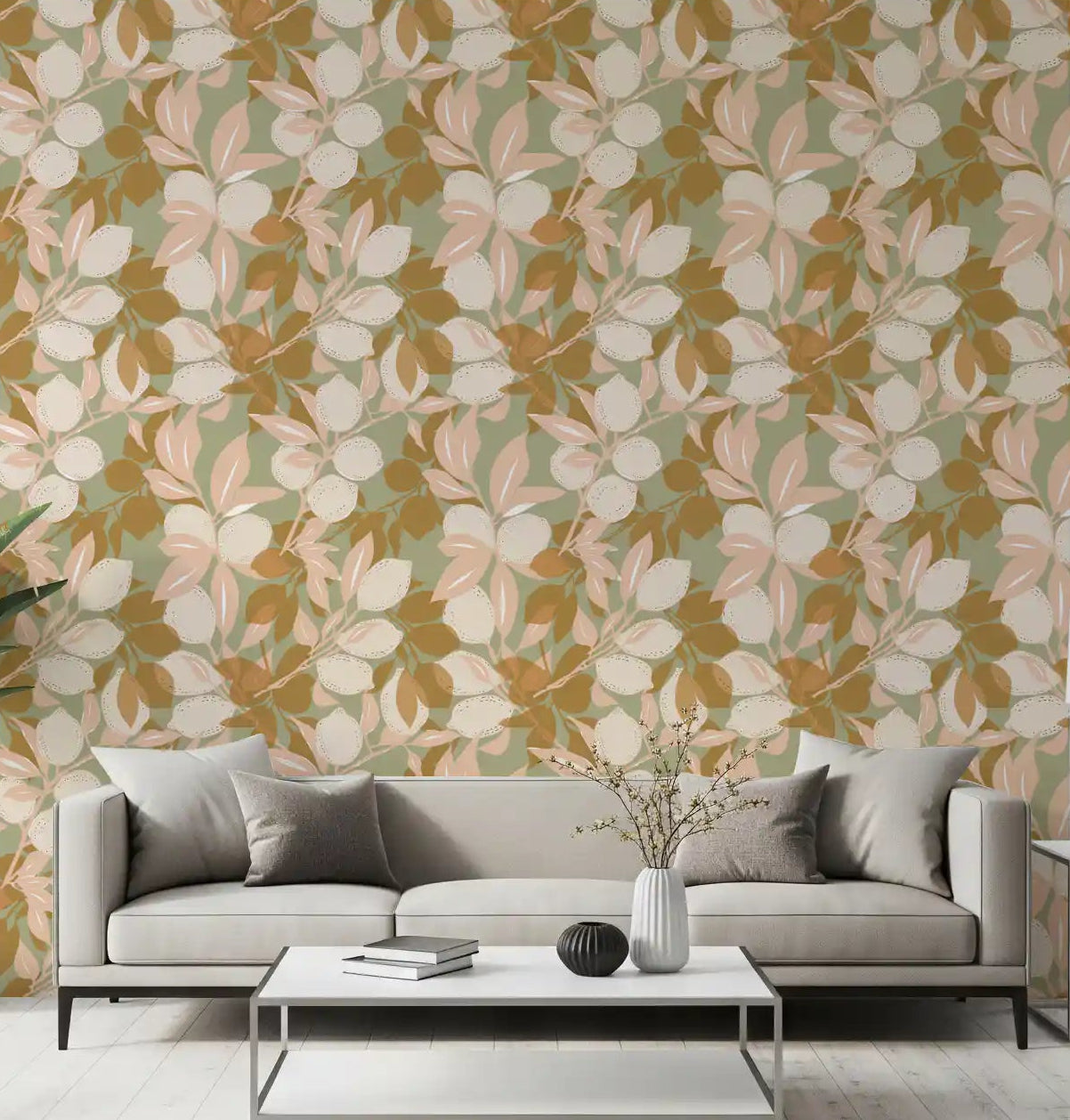 Living room walls look botanical with this lemon wallpaper.