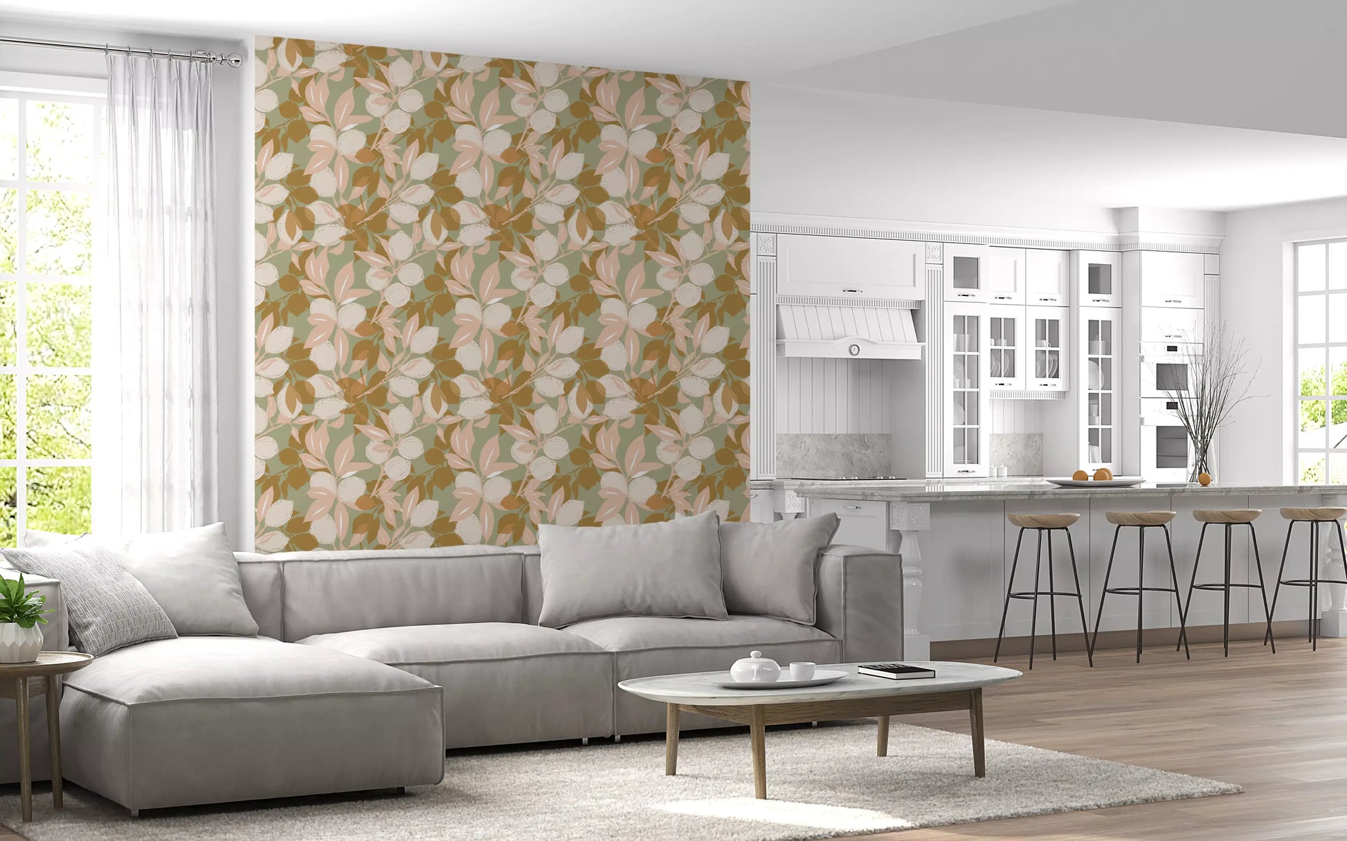 Living room accented with a sage green lemon wallpaper., GD9969