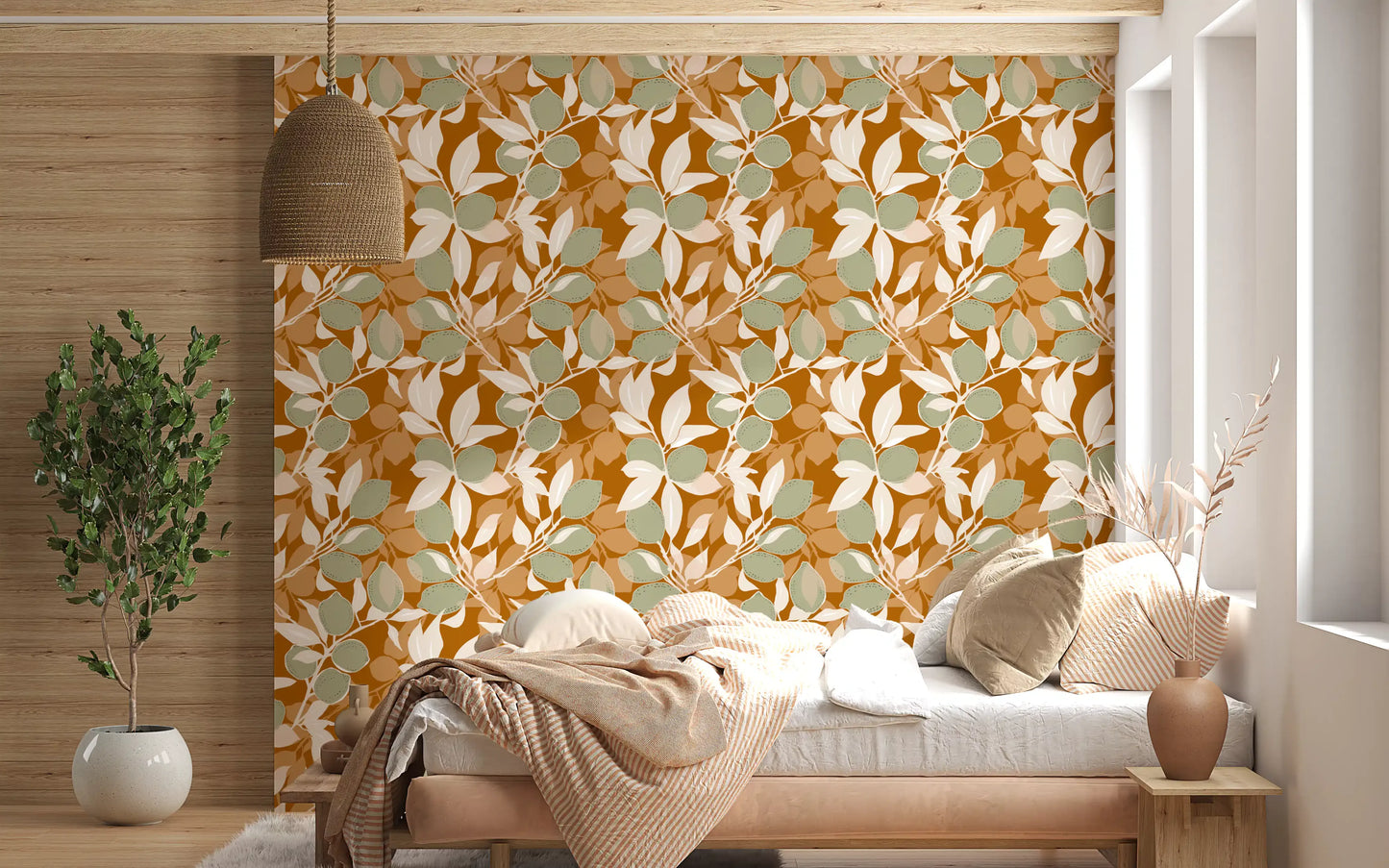 Muted terracotta wallpaper provides a soft backdrop for a sunlit bedroom.