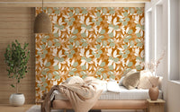 Muted terracotta wallpaper provides a soft backdrop for a sunlit bedroom.