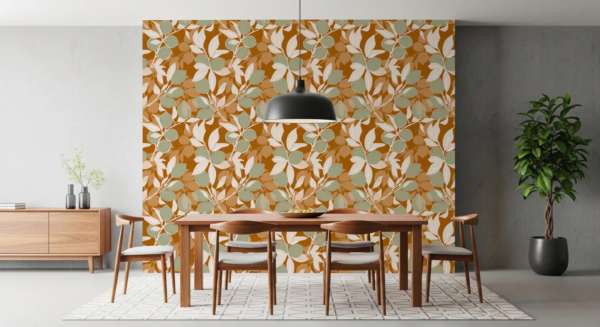 Overlapping leaf silhouettes on sage terracotta lemon wallpaper.