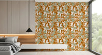 Mediterranean fruit wallpaper makes a welcoming statement in bright bedroom. 