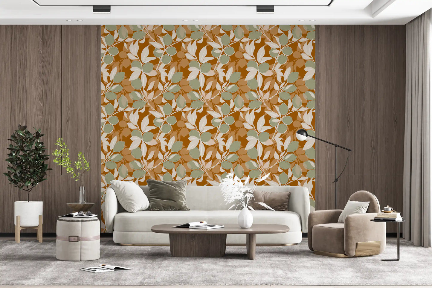 Sage lemon wall mural adds character to a modern living space.