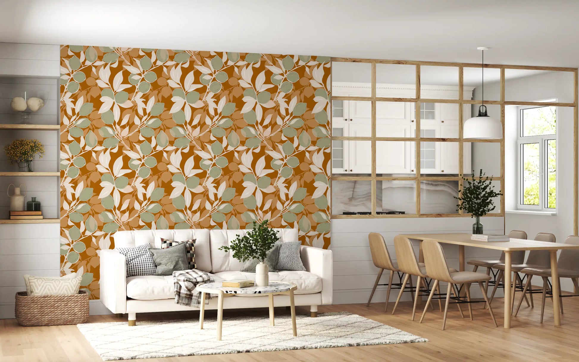 Mediterranean citrus wallpaper creates a calm atmosphere in a lounge.