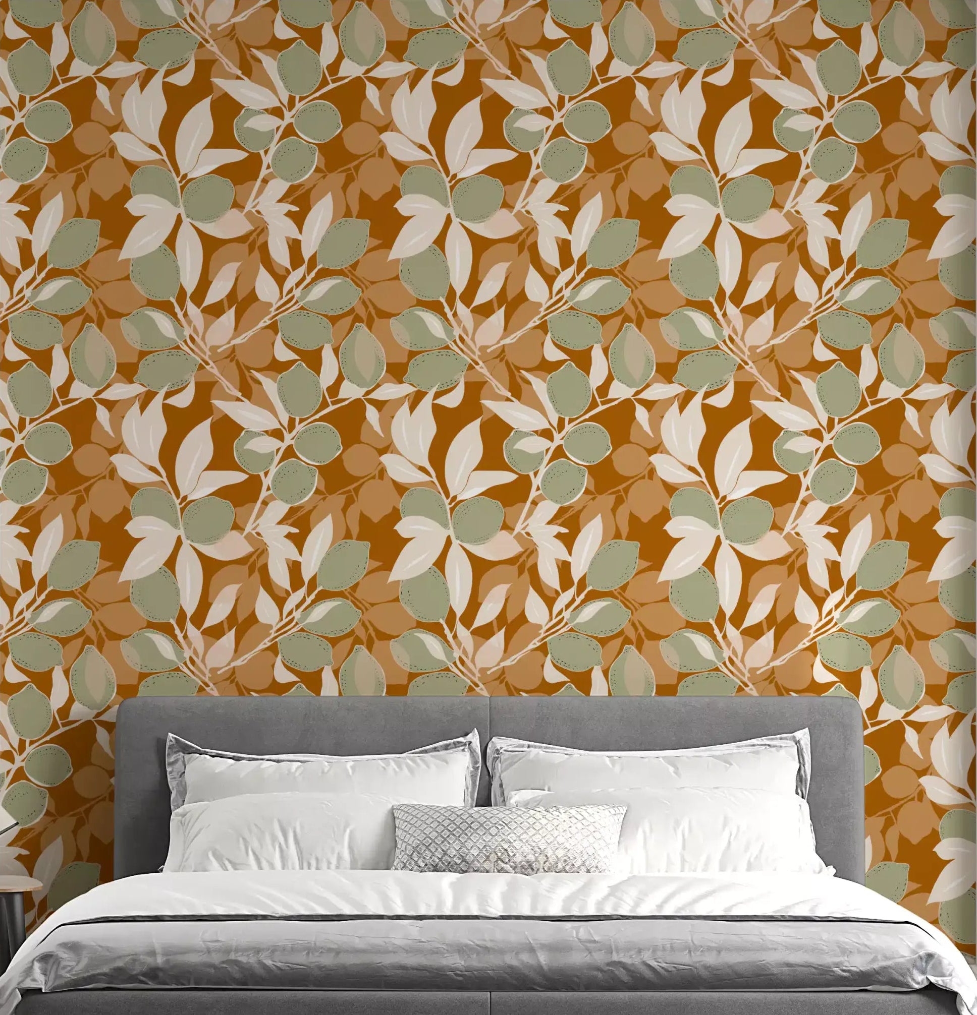 Earthy clay tones and green fruit wallpaper for a cozy bedroom., GD9970