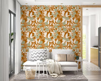 Textural details of a citrus-themed terracotta lemon wallpaper.