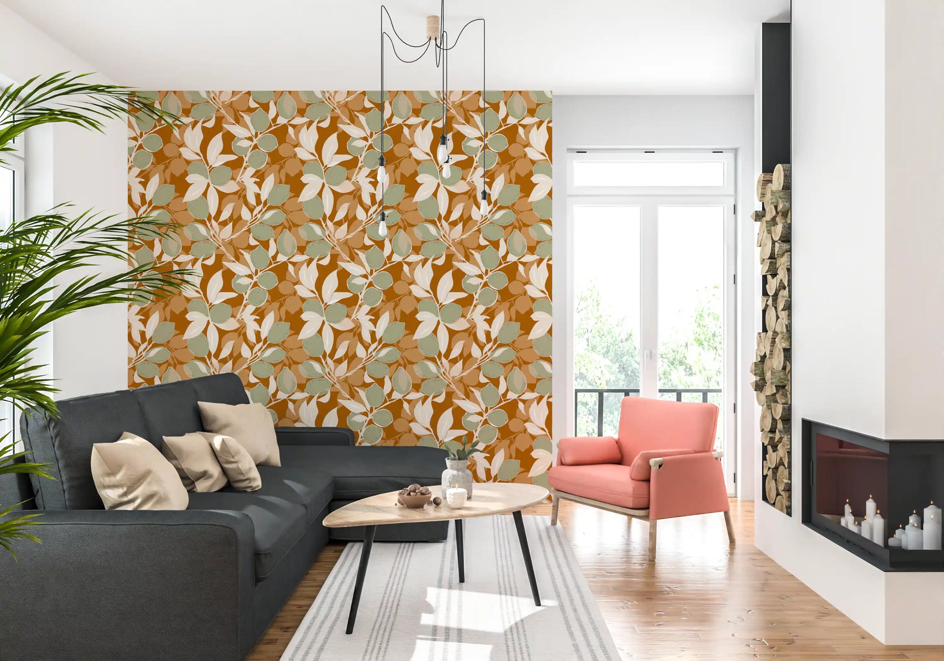 Mediterranean citrus fruit motifs across a clay-colored wallpaper.