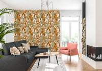 Mediterranean citrus fruit motifs across a clay-colored wallpaper.