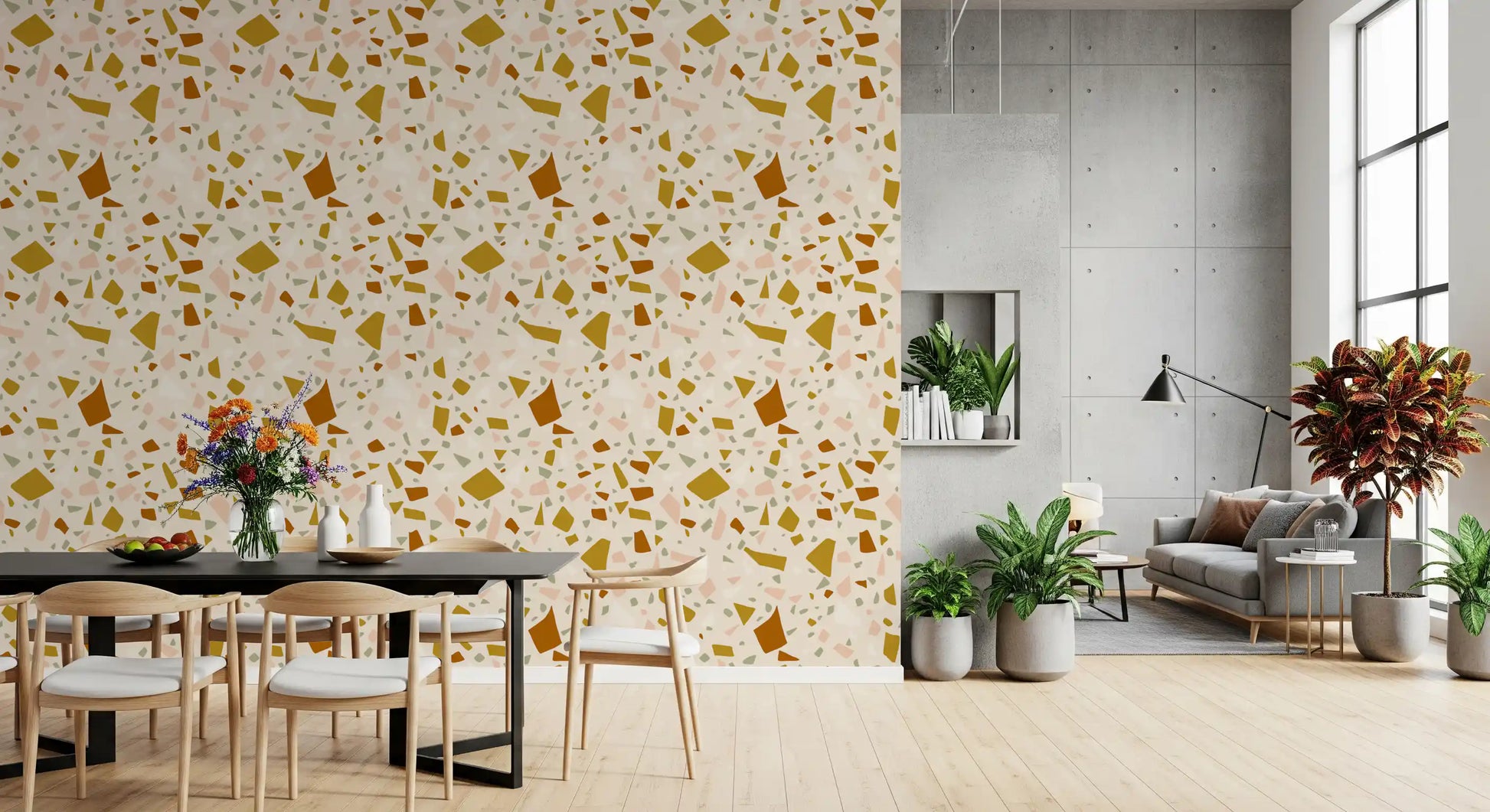 Mediterranean Sage wallpaper creates a calm atmosphere in dining room., GD9971