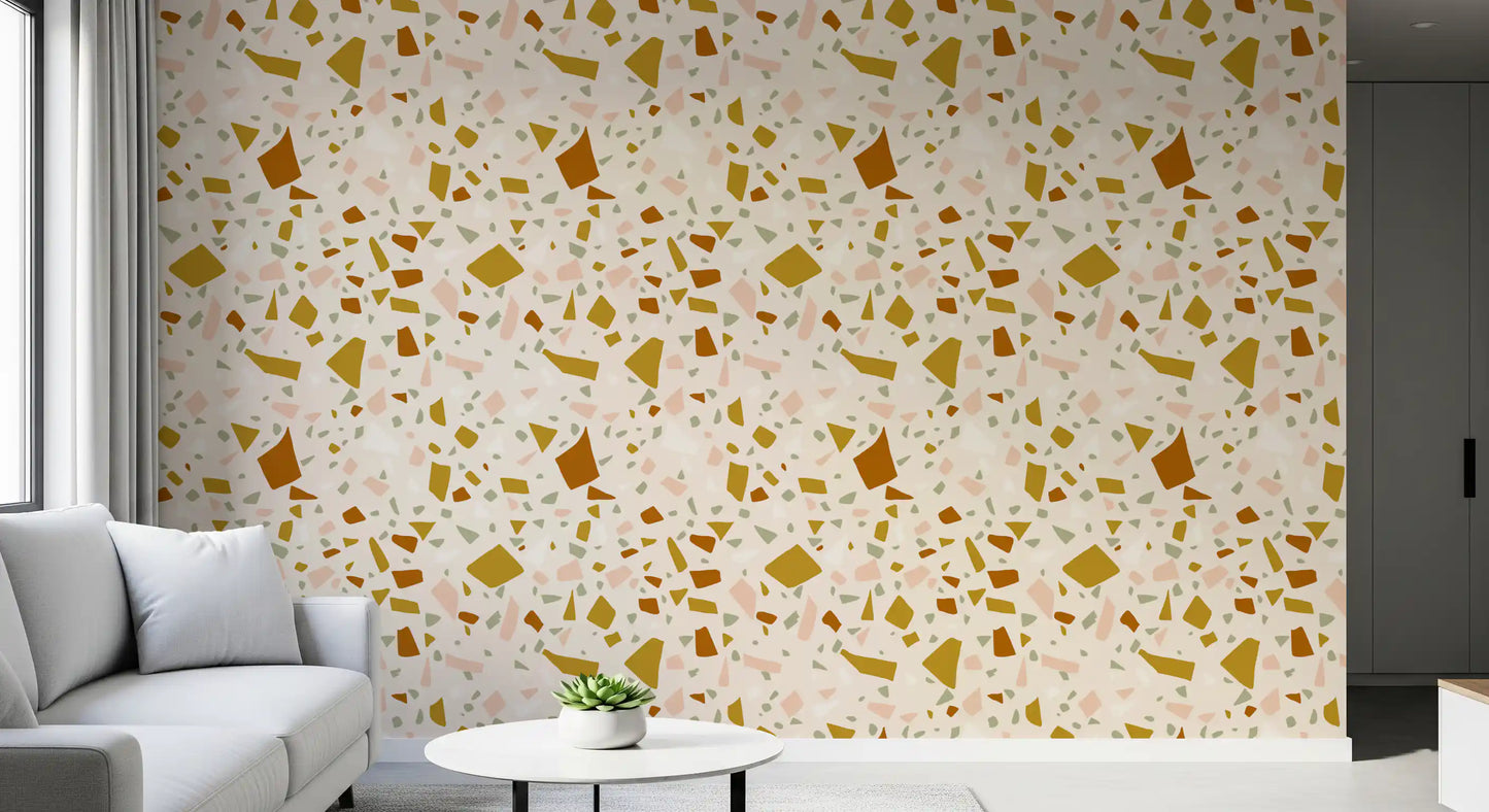 Earthy terracotta and olive green shards on a light wallpaper., GD9971