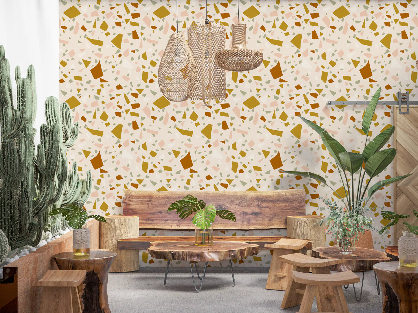 Cafe area feature wall using this playful Sage Mediterranean wallpaper, GD9971
