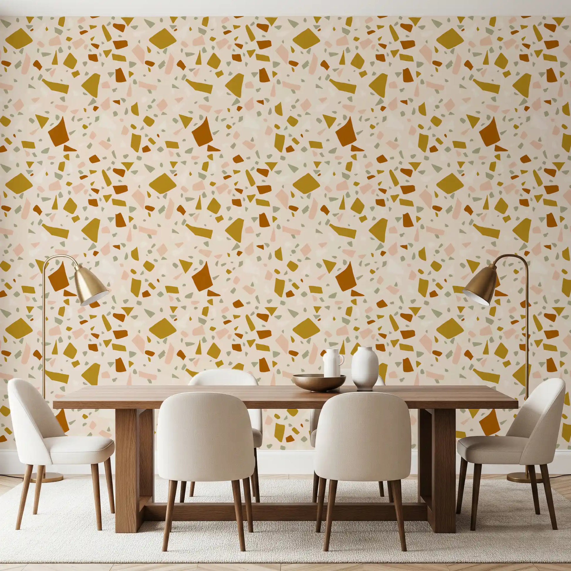 Dining room backdrop featuring the Sage Terrazzo Mediterranean wallpaper, GD9971