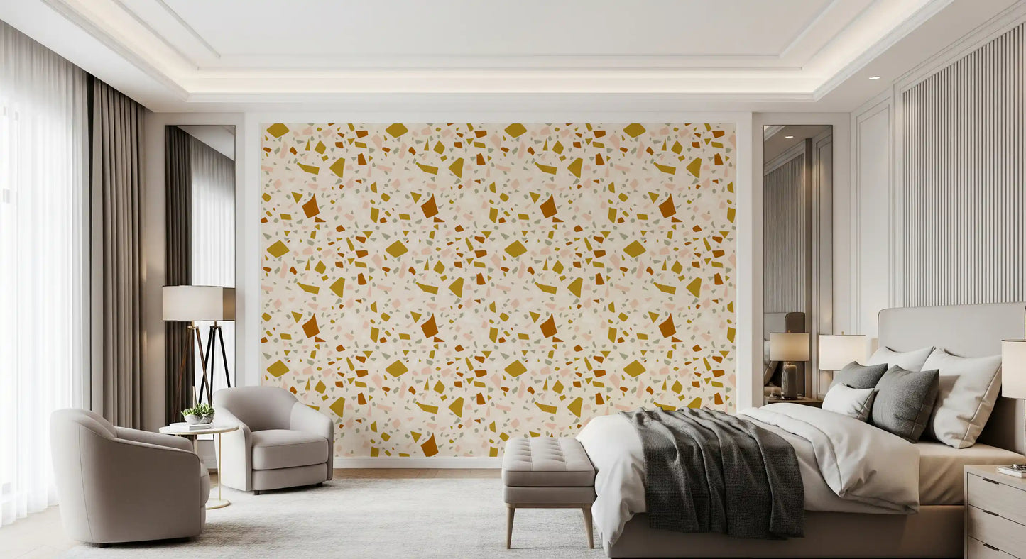 Neutral mosaic fragments scattered across a Sage Terrazzo wallpaper, GD9971