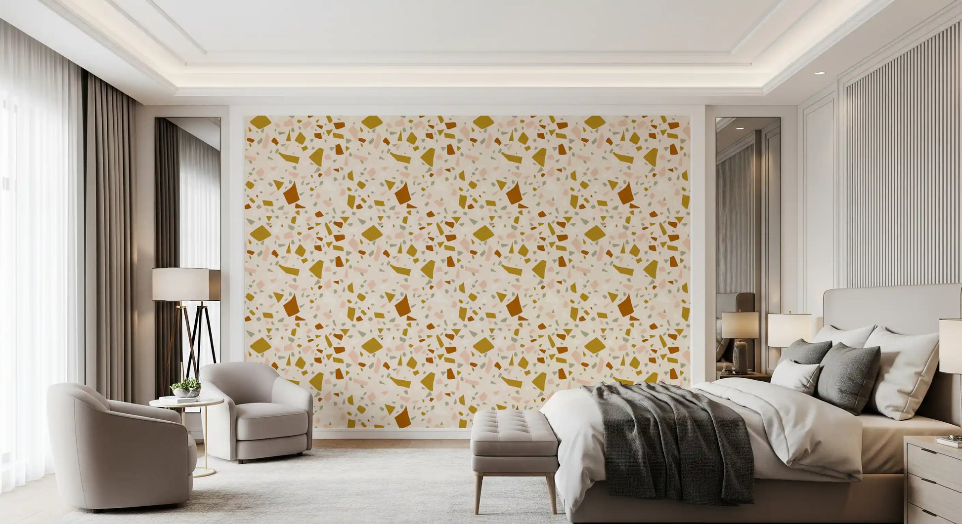 Neutral mosaic fragments scattered across a Sage Terrazzo wallpaper, GD9971