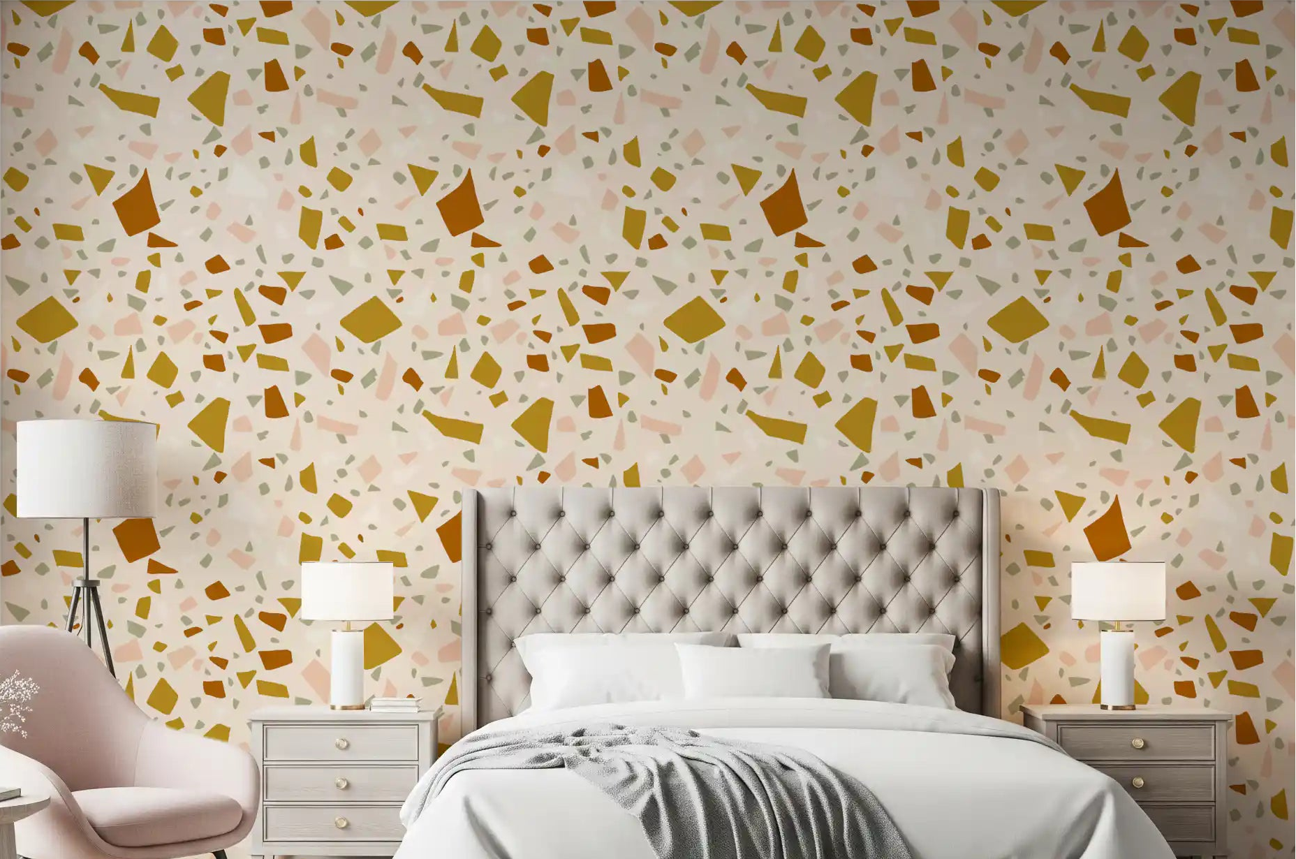 Sage Terrazzo wallpaper adds a neutral touch to a minimalist bedroom., GD9971