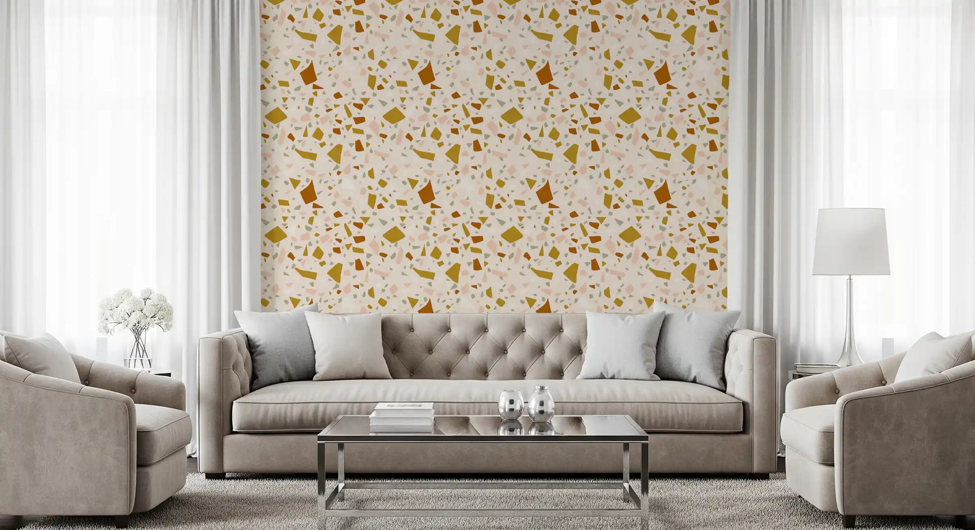 Neutral Terrazzo wallpaper provides visual interest for a spacious living room, GD9971