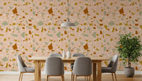 Peach Mediterranean wallpaper for a modern kitchen-dining space.